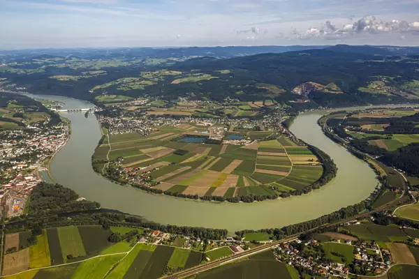 Aerial view, Danube bend, Ybbs an der Donau, Lower Austria, Austria