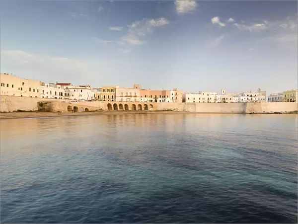Town beach and historic centre in the evening light, Gulf of Taranto, Gallipoli, Province of Lecce, Apulia, Italy