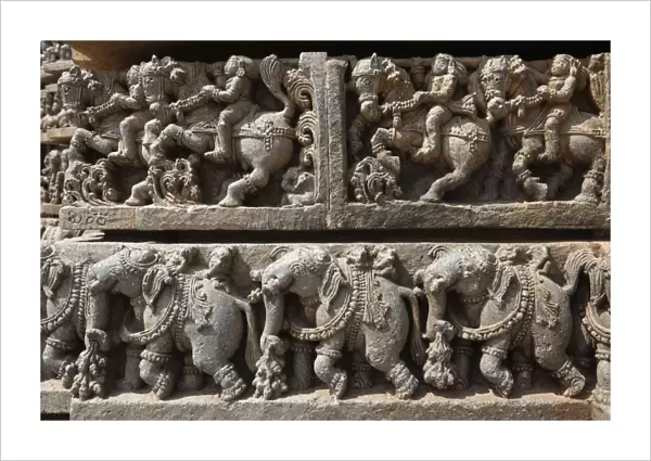 Riders on horses and elephants, rows of figurines on the wall of Kesava Temple, Keshava Temple, Hoysala style, Somnathpur, Somanathapura, Karnataka, South India, India, South Asia, Asia