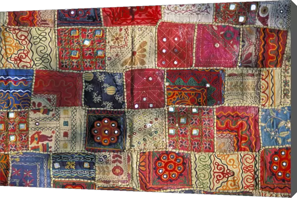 Colourful patchwork carpet with small mirrors, Rajasthan, India, Asia