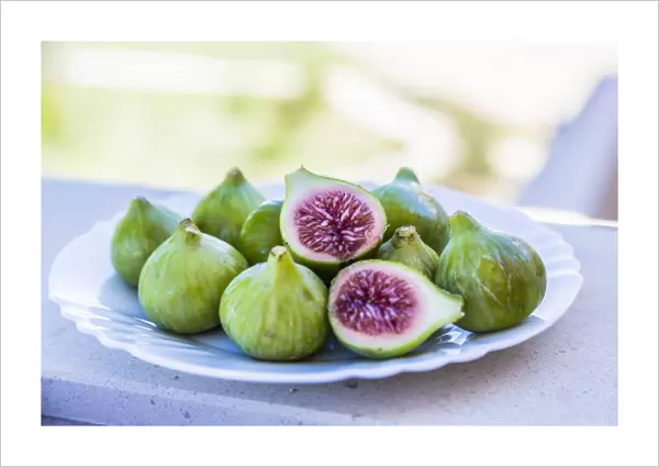 Fresh green figs -Ficus carica- on a plate, Lagos, Algarve, Portugal, Europe