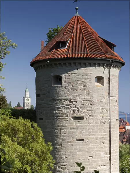 The Gallerturm tower with the bell tower of St. Nikolaus-Muenster cathedral in the back, Ueberlingen, Bodenseekreis county, Baden-Wuerttemberg, Germany, Europe