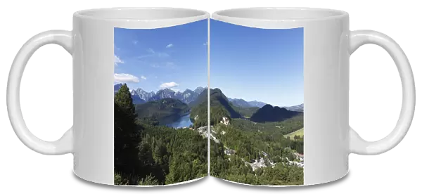 View from Jugend lookout point over Lake Alpsee and Schloss Hohenschwangau Castle towards the Tannheimer Mountains, Ostallgaeu, Allgaeu, Schwaben, Bavaria, Germany, Europe