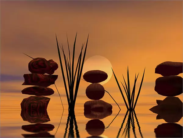 Three piles of stones at sunset, 3D graphics