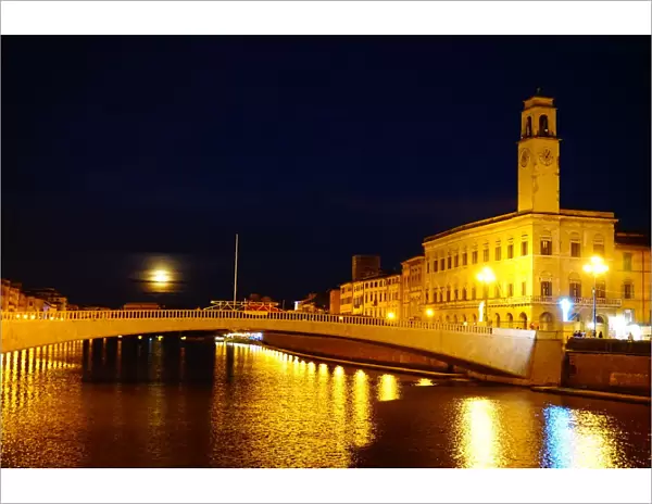 Clock tower and Arno River by night, Pisa, Italy