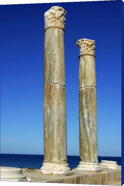 Columns with Corinthian capital in Roman theatre near the Mediterranean sea Leptis Magna Libya