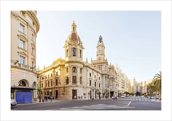 City street with view towards City Hall, Plaza del Ayuntamiento, Valencia, Spain