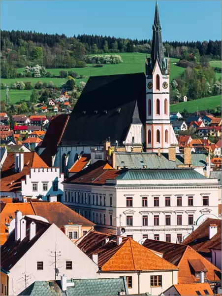 Cesky Krumlov cityscape with St. Vitus church on a sunny day, South Bohemia, Czech Republic