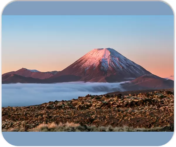 Scenic landscape with Ngauruhoe volcano at sunset