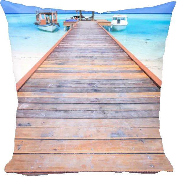 Wooden pier with boats, indian ocean, Maldives