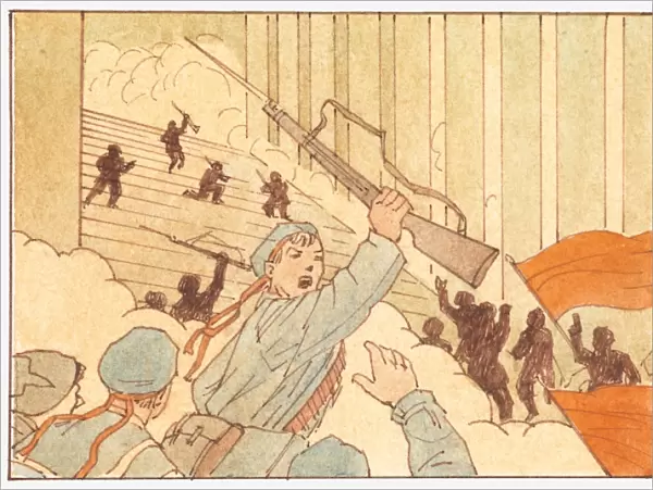 Illustration of bolsheviks gaining control of city during the Russian Revolution
