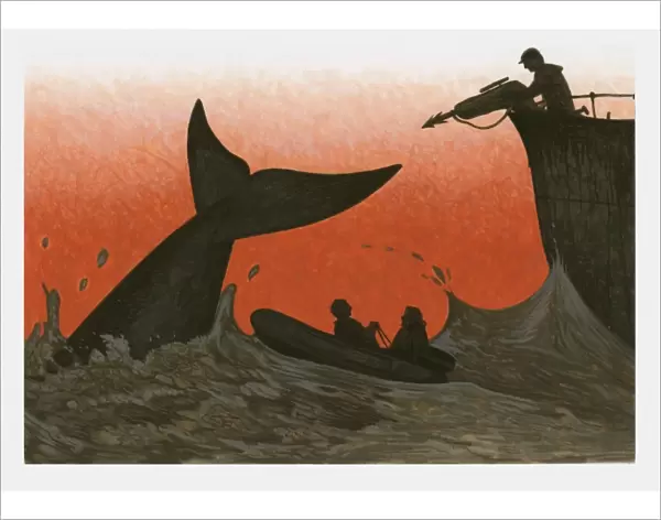 Illustration of man aiming harpoon at whale in sea next to people in small boat set against a blood red sky