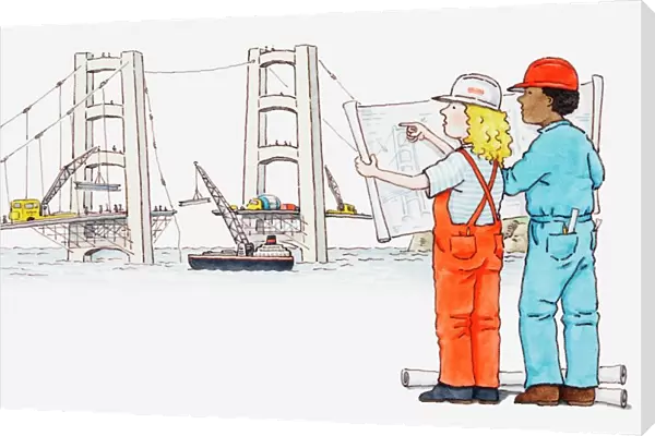 Illustration of two engineers looking at blueprint for bridge that is under construction in the background