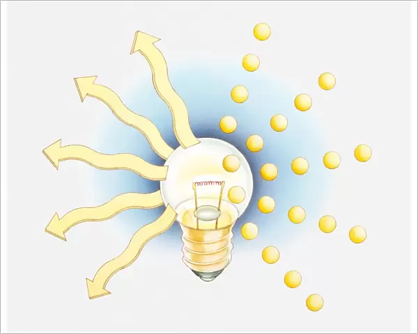 Illustration of light bulb creating light in a stream of tiny photons acting as waves and particles