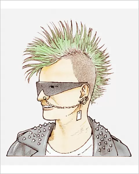 Illustration of man with mohican haircut, sunglasses and chain