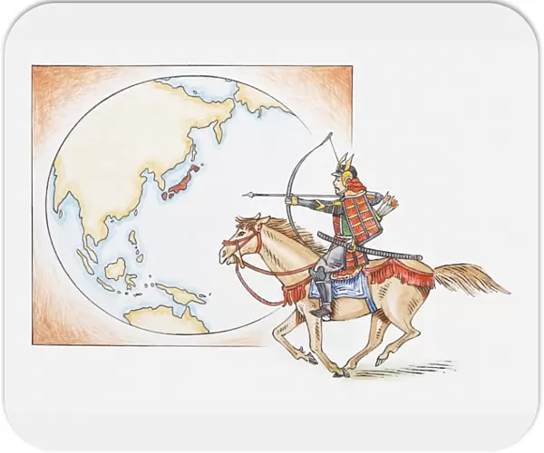 Illustration of early Samurai warrior on horseback in front of a map highlighting Japan