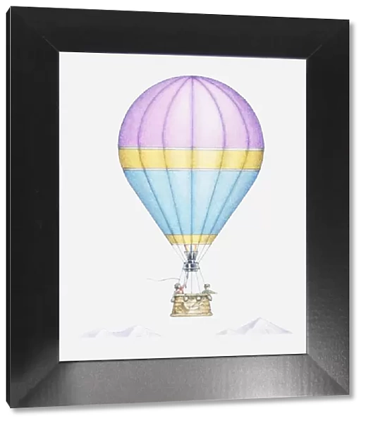 Illustration of hot-air balloon carrying two passengers