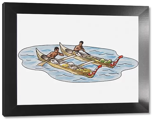 Illustration of two men in canoes loaded with tropical fruit