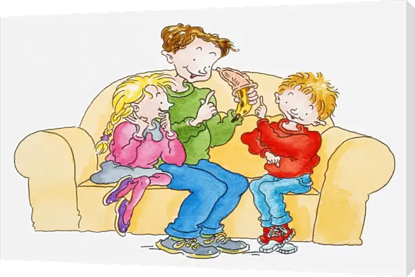 Illustration of a man sitting on sofa with boy and girl, showing condom pulled over a banana