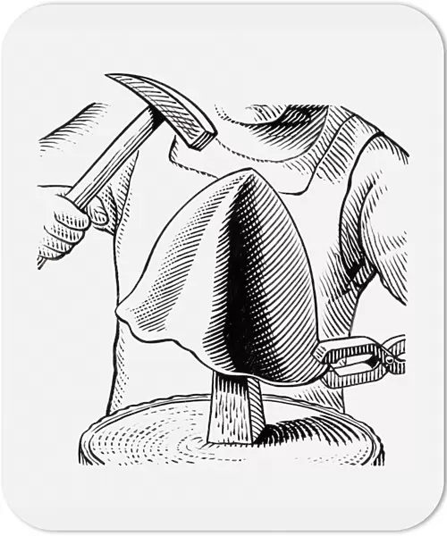 Black and white illustration of medieval armourer making helmet