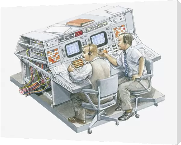 Illustration of two men in Apollo 11 control room