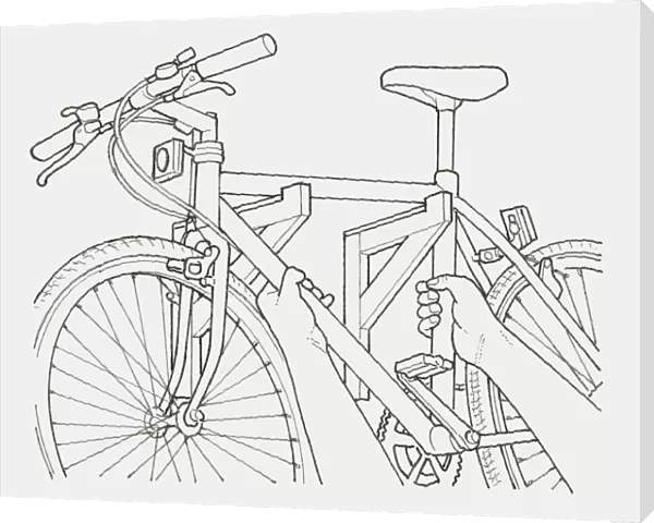 Black and white illustration of hands hanging a bicycle on a pair of brackets on a wall