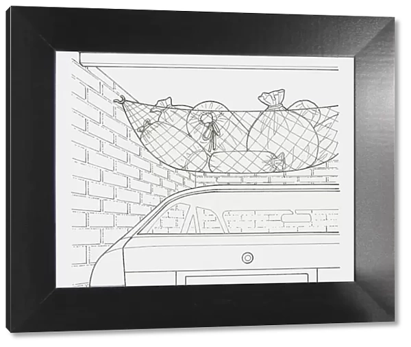 Black and white illustration of a net hung across a garages ceiling, holding various items packed up in bags