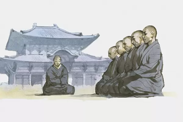 Illustration of Zen Buddhist monks kneeling in courtyard outside temple