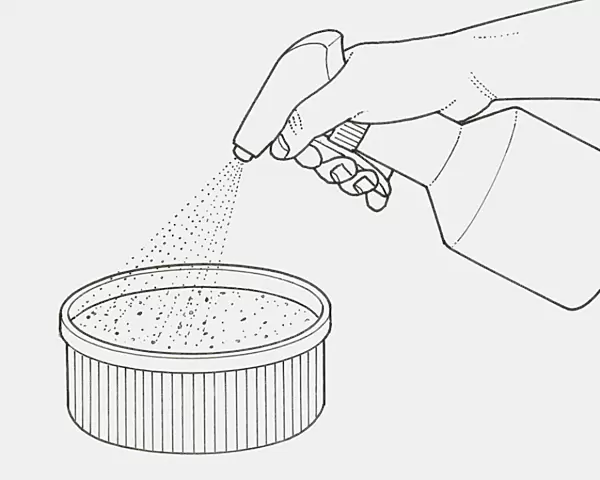 Black and white illustration of spraying water into souffle bowl