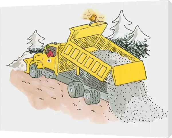 Illustration of man salting road cleared by yellow snowplough