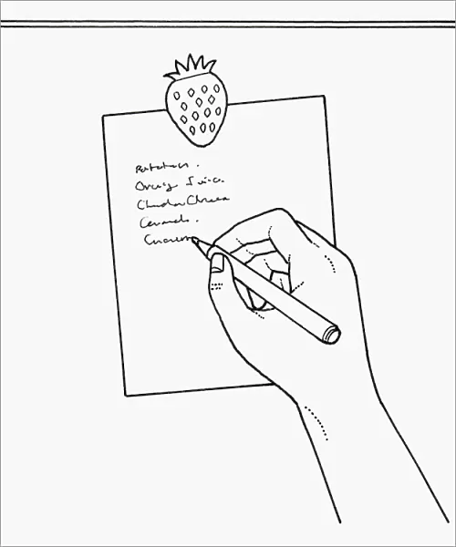 Black and white illustration of writing list on piece of paper