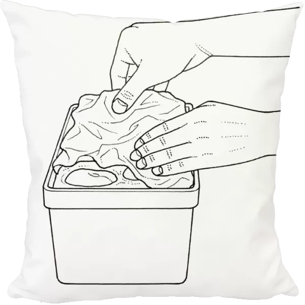 Black and white illustration of putting crumpled paper on cooked fruits to keep them below the surfa