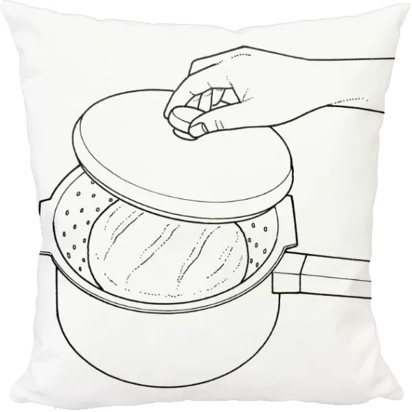 Black and white illustration of reviving stale loaf of bread by steaming in colander in saucepan