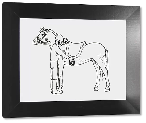 Black and white illustration of child preparing to get on horse
