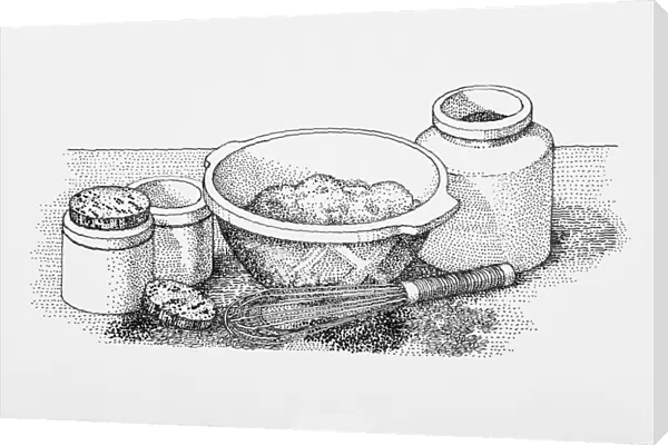 Black and white illustration of mixing bowl, wire whisk, and airtight jars