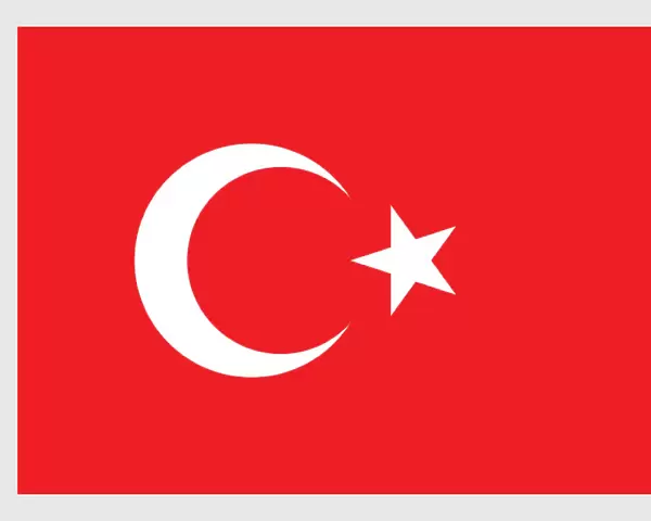 Illustration of flag of Turkey, with white crescent moon and five-pointed star on red field