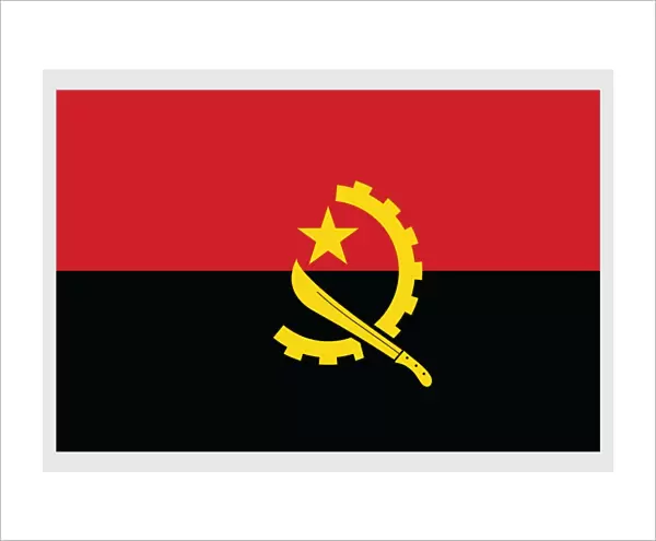 Illustration of national flag of Angola, with two horizontal red and black bands, and crossed cog wheel, machete, and gold star in center