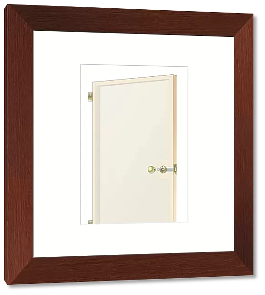 Digital illustration of flush door showing hinges, doorknob and latch block