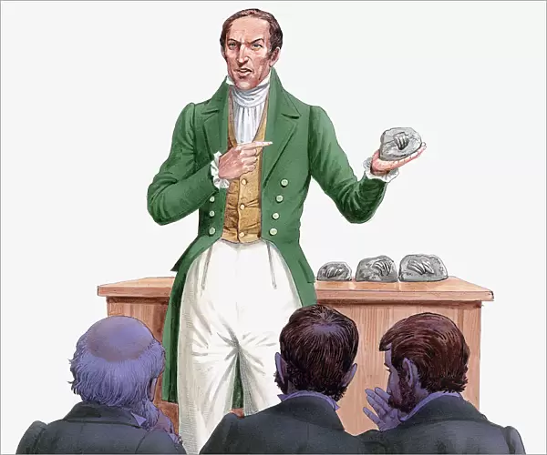 Illustration of 19th century paleontologist Gideon Mantell standing in front of audience, holding and pointing at fossil of Iguanodon tooth