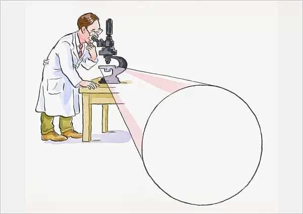Cartoon of doctor looking through microscope, and large beam of light