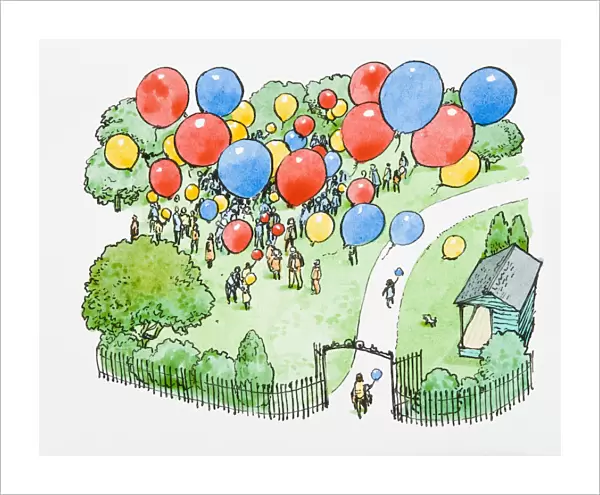 Illustration of crowd standing park releasing multi coloured balloons into the air