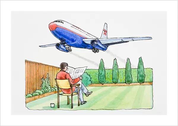 Illustration of man sitting in chair on lawn in garden reading newspaper as commercial airliner flies low above