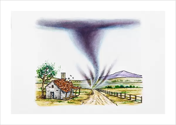 Tornado in rural landscape, tiles flying off roof