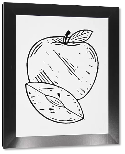 Black and white illustration of apple and apple slice
