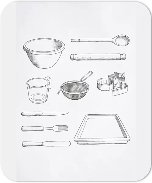 Selection of cooks utensils, including mixing bowl, spoon, rolling pin, knife, fork, palette knife, baking tray, biscuit cutters, and sieve