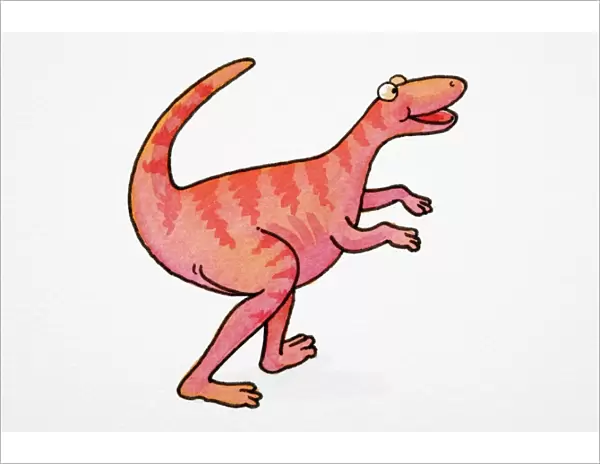 Cartoon depicting of dinosaur smiling and walking with upturned tail, side view