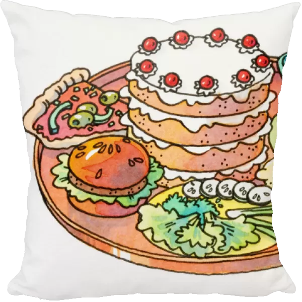 Cartoon, selection of foods on round tray, decorated layer cake, slice of pizza, hamburger, green salad, partially peeled banana, whole lemon, green apple