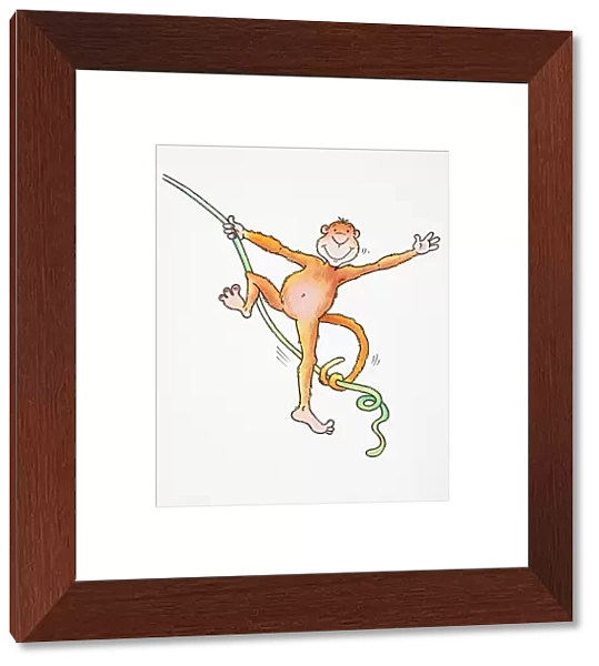 Cartoon, smiling monkey swinging and waving with its tail wrapped around rope