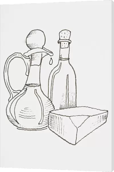 Line drawing of foods that provide fats and oils, including block of cheese