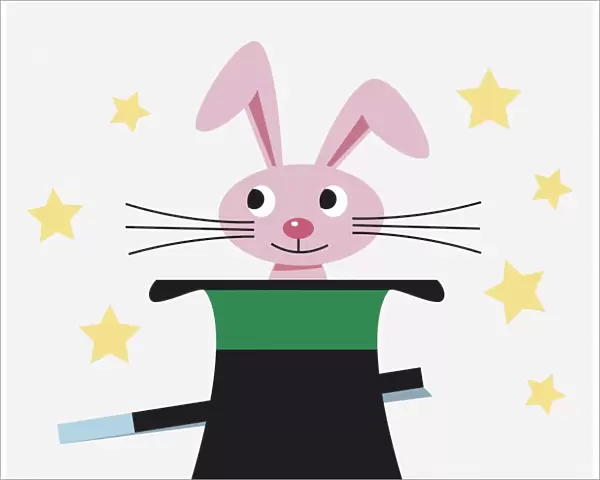 Rabbit appearing from a hat, magic wand, stars, illustration